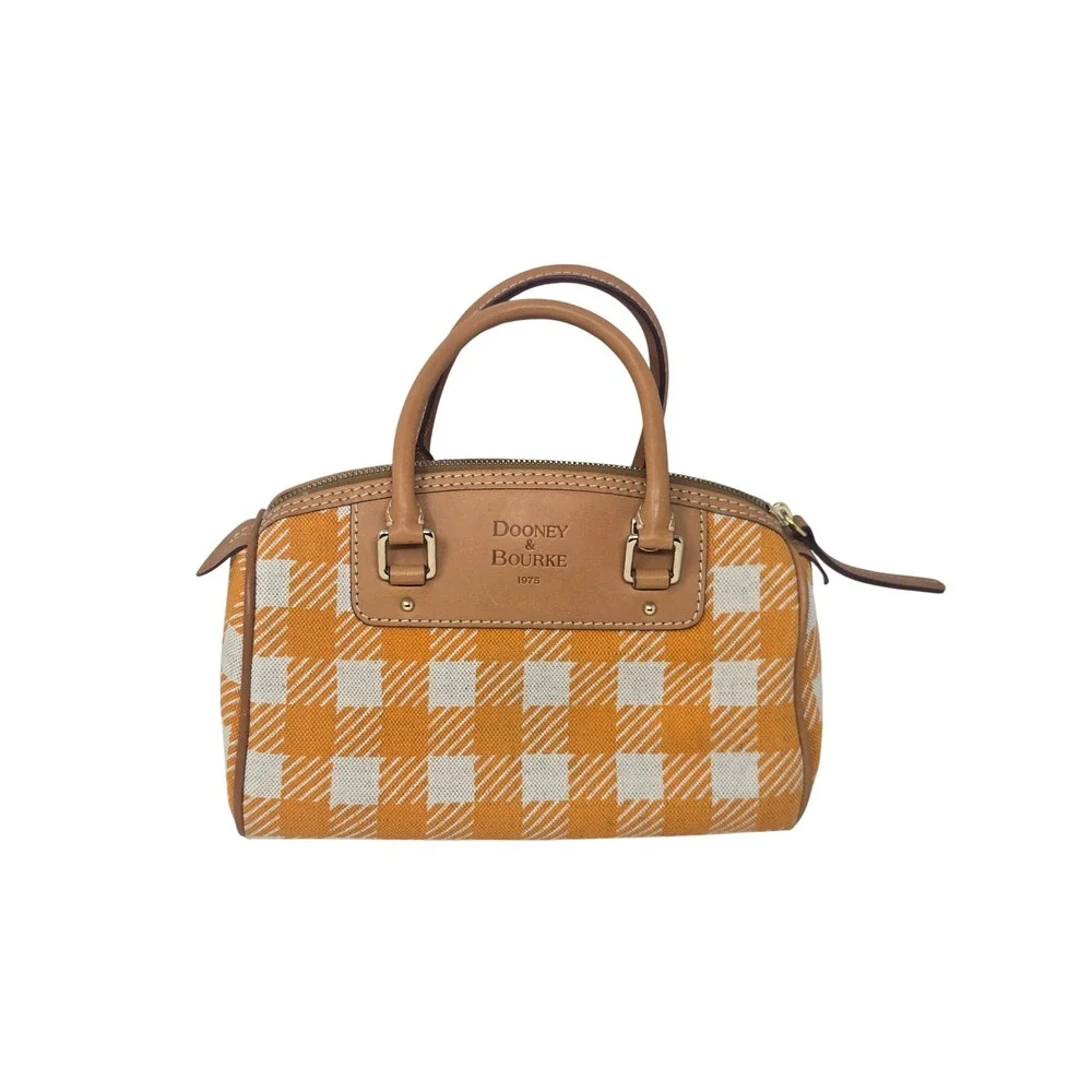 Dooney & Bourke Orange Gingham Canvas Leather Satchel Handbag Bag